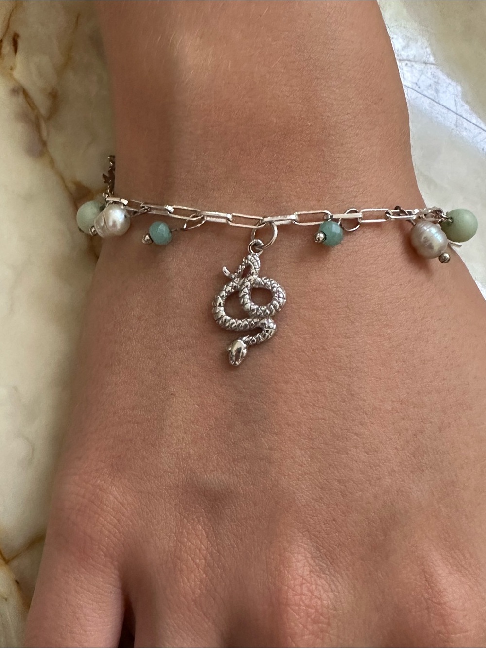 DIADEMA 925 Sterling Silver Jade and Pearls Snake Charm Made in ITALY Bracele